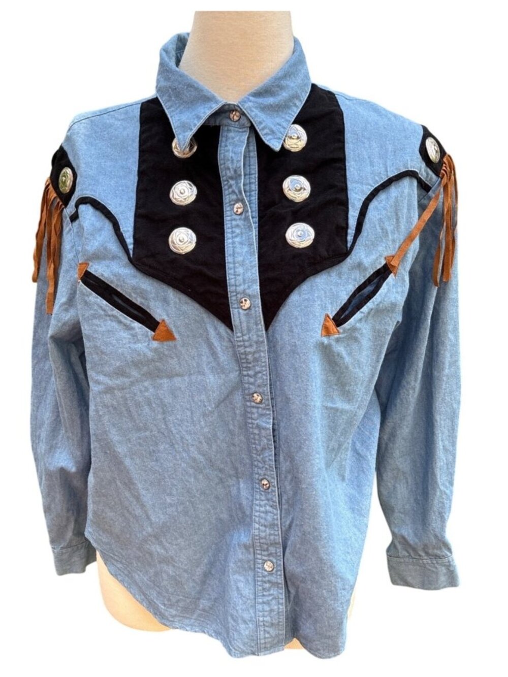 Vintage Denim Western Shirt Black Yoke Silver Buttons Fringe Size Medium Woman